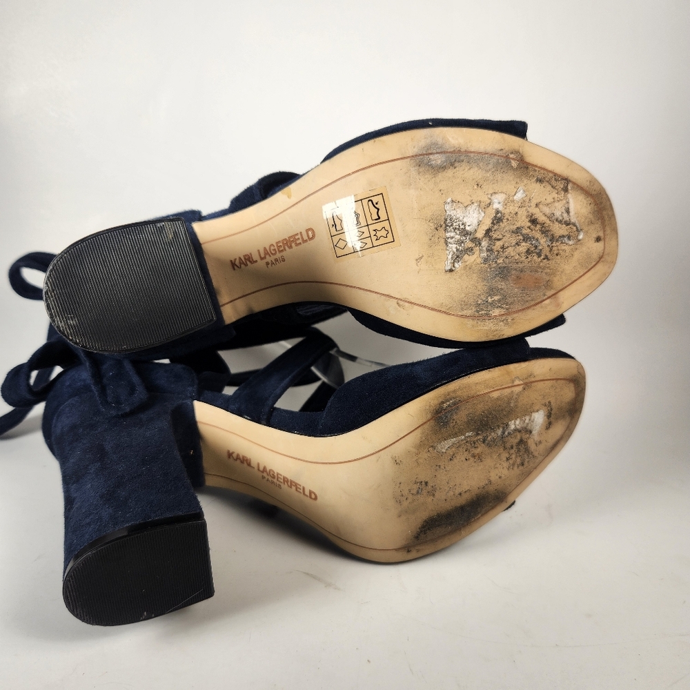 KARL LAGERFIELD Racha Shoe Womens 6 EU 36 Navy Block Heel Suede Event Date Nite - Picture 10 of 12